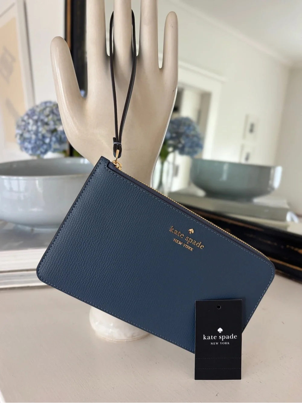 Kate Spade Lucy Refined Grain Leather Zip Wristlet Bluestone